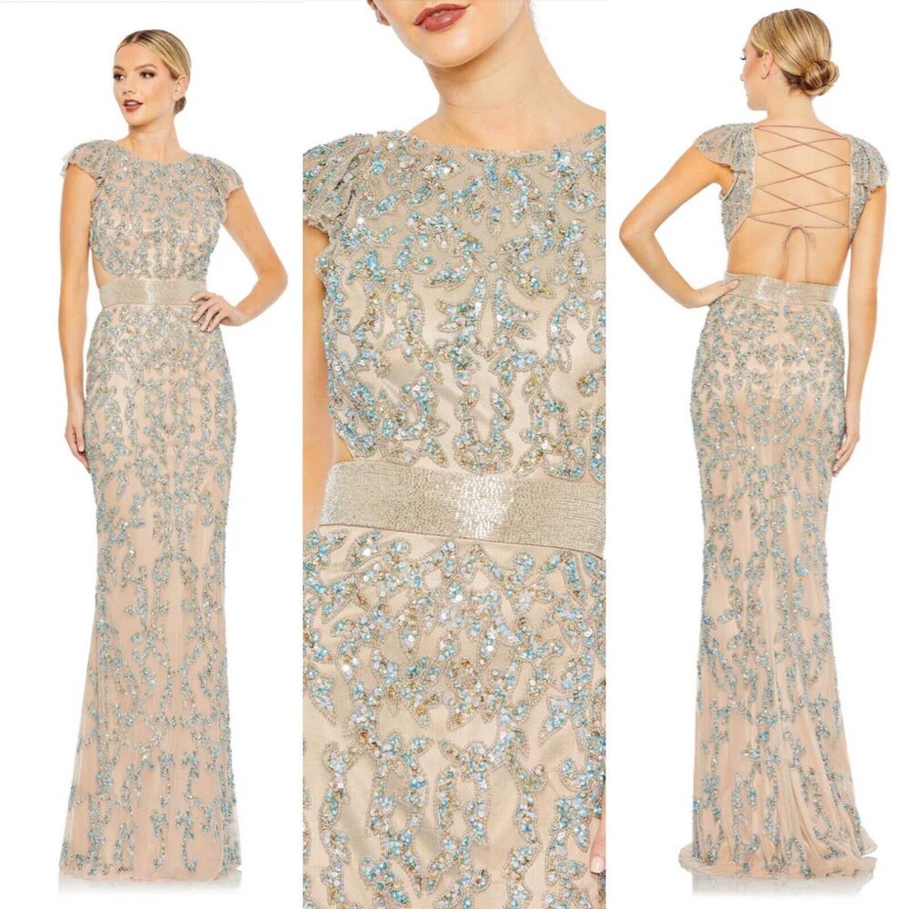Mac Duggal Beige and Blue Embellished Maxi Dress